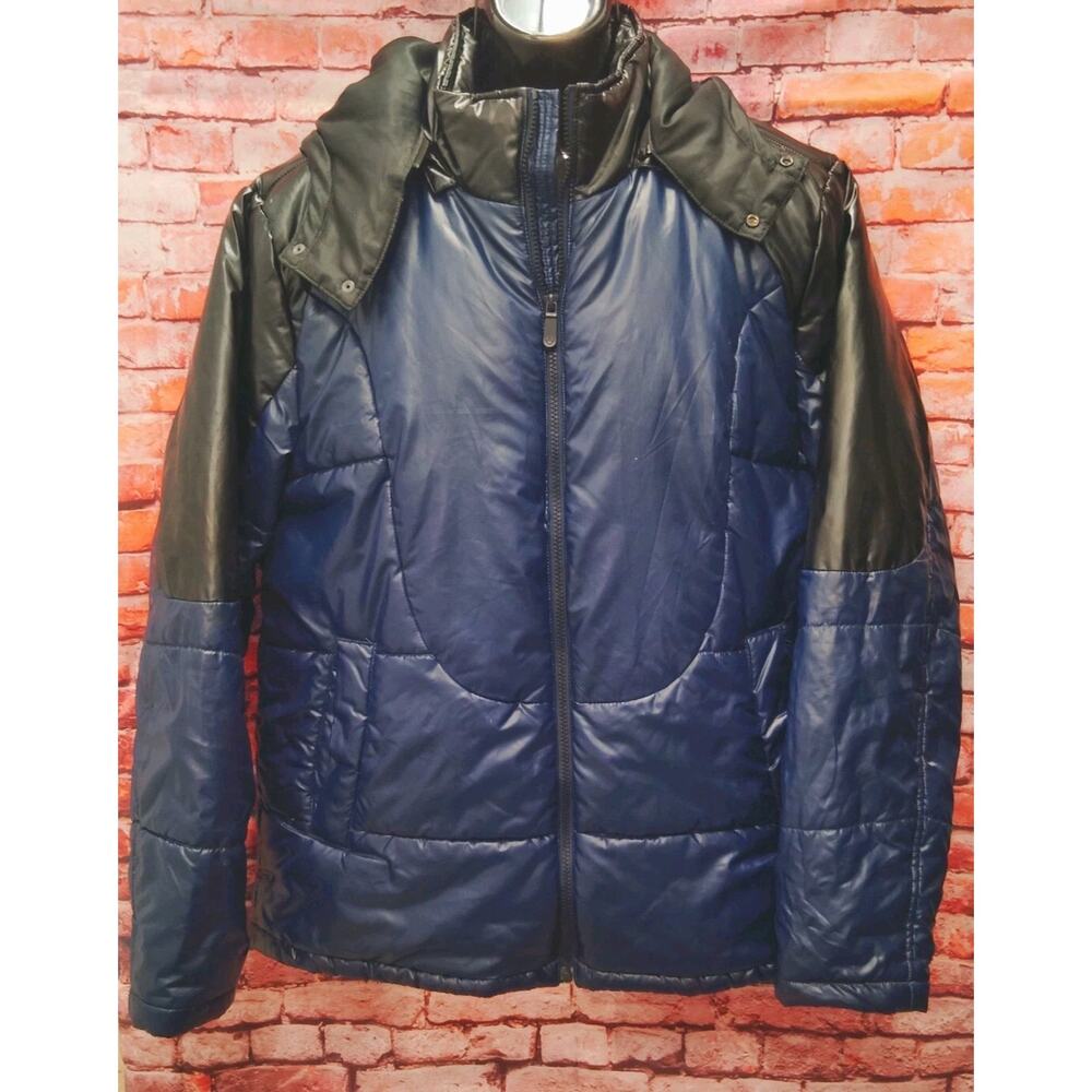 True Religion Puffer Jacket Men's Large Blue Shiny Detachable Hooded Full Zip
